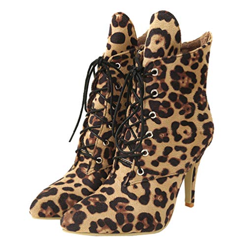 PIXIEFOOT Stiletto High Heels Stiefeletten Damen Leopardenmuster Spitze Ankle Boots mit Reißverschluss und Schnürung 10cm Absatz von PIXIEFOOT