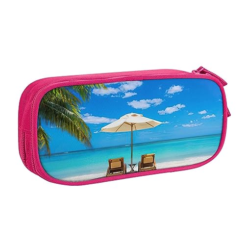 Großes Polyester-Stifteetui zum Organisieren Ihrer Stifte, Bleistifte - Erwachsenen-Federmäppchen für Schule, Büro, weißer Strand, tropisches Meer, rose, Einheitsgröße, Make-up-Tasche von PIXOLE