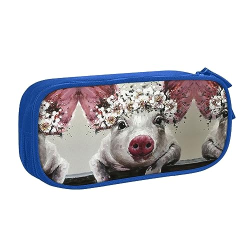 Großes Polyester-Stiftetui zum Organisieren Ihrer Stifte, Bleistifte - Erwachsenen-Federmäppchen für Schule, Büro, Blumen-Schweinchen, blau, Einheitsgröße, Make-up-Tasche von PIXOLE