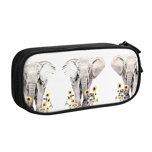 Großes Polyester-Stiftetui zum Organisieren Ihrer Stifte, Bleistifte - Erwachsenen-Federmäppchen für Schule, Büro, Elefant und Sonnenblume, Schwarz , Einheitsgröße, Make-up-Tasche von PIXOLE