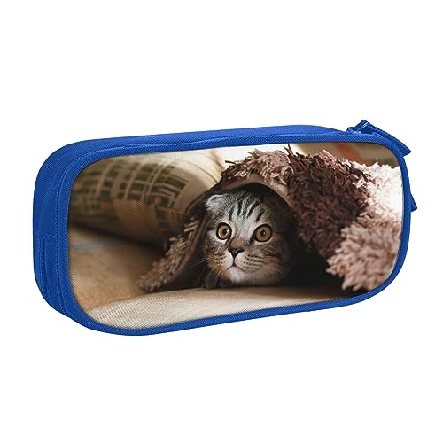 Großes Polyester-Stiftetui zum Organisieren Ihrer Stifte, Bleistifte - Erwachsenen-Federmäppchen für Schule, Büro, Katze unter Decke, blau, Einheitsgröße, Make-up-Tasche von PIXOLE