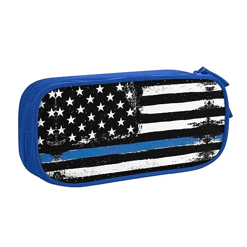 Großes Polyester-Stiftetui zum Organisieren Ihrer Stifte, Bleistifte - Erwachsenen-Federmäppchen für Schule, Büro, Retro, blaue dünne Linie, USA-Flagge, blau, Einheitsgröße, Make-up-Tasche von PIXOLE