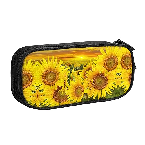 Großes Polyester-Stiftetui zum Organisieren Ihrer Stifte, Bleistifte - Erwachsenen-Federmäppchen für Schule, Büro, Sonnenblumenfeld, Schwarz , Einheitsgröße, Make-up-Tasche von PIXOLE