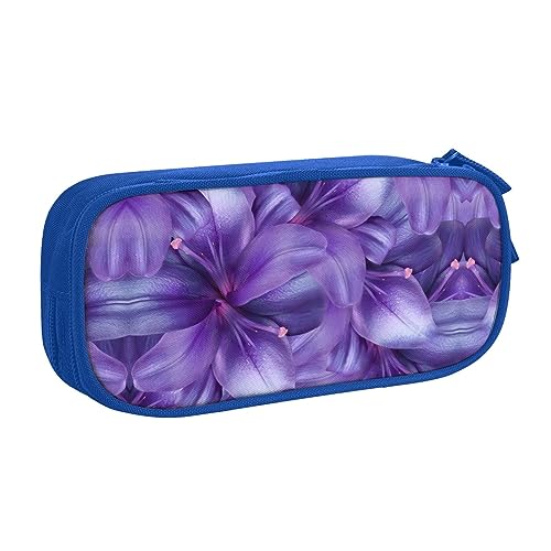 Großes Polyester-Stiftetui zum Organisieren Ihrer Stifte, Bleistifte - Erwachsenen-Federmäppchen für Schule, Büro, lila Lilienblüten, blau, Einheitsgröße, Make-up-Tasche von PIXOLE