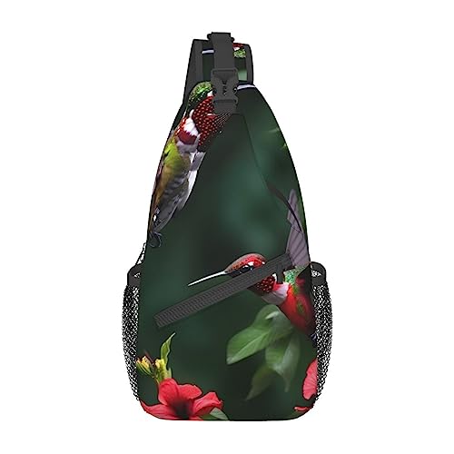 Kolibri-Schultertasche, rote Blumen, Hibiskus-Druck, Umhängetasche, Schultertasche, Brusttasche, Tagesrucksack für Damen und Herren, Reisen, Wandern, Kolibri, rote Blumen, Hibiskus, Einheitsgröße von PIXOLE