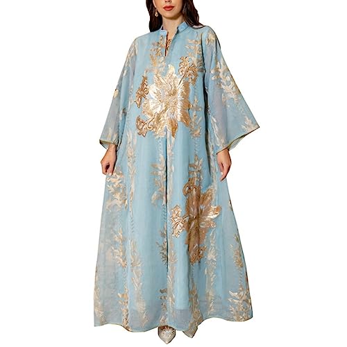 PIXOLE Frauen Dress Muslimisches Abaya-Kleid für Frauen Langärmelig Gebetskleider Islamische Kaftan Maxikleider Goldene Perlenstickerei Arabisches Garn Gewand (Color : Light Blue, Size : L) von PIXOLE