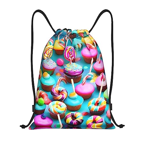 PIXOLE Kompass und alte Weltkarte drucken Kordelzugbeutel, Beutel, String-Taschen – perfekt für Fitnessstudio, Sport und Reisen, Bunte süße Lollipop Cupcake Donut, Medium, Kompakt von PIXOLE