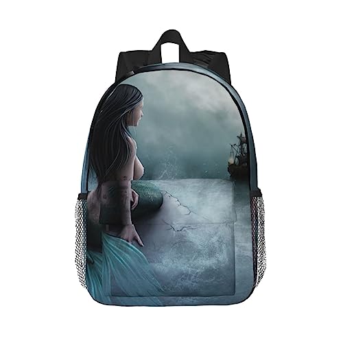 PIXOLE Schulrucksack mit rotem Laternen-Motiv, für Damen und Herren, Reisetasche, High School, mittlere Büchertasche, Meerjungfrau Mädchen und Segeln auf Meer Piratenschiff, One size von PIXOLE