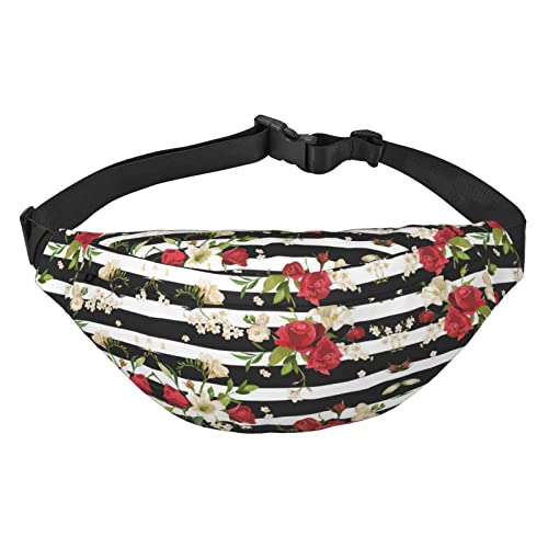 Paillettenmuster Bauchtasche für Herren und Damen, Crossbody-Taillentasche, große Umhängetasche, mit verstellbaren Gürteln, Schwarz Weiß Streifen Rot Rose Blumen, Einheitsgröße von PIXOLE