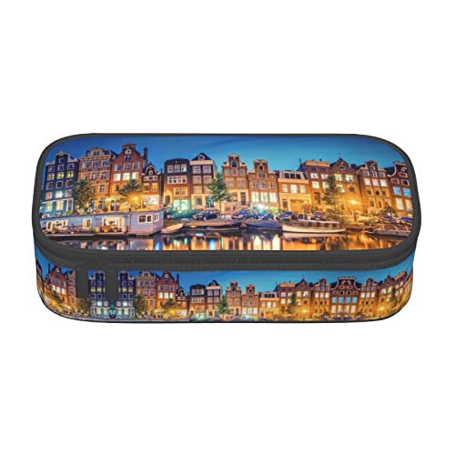 Schneemann-Federmäppchen, Weihnachtsmann-Druck, große Kapazität, Stifteetui, einfache Schreibwaren-Tasche, College, Büro-Organizer, Amsterdam Night View, Einheitsgröße, Taschen-Organizer von PIXOLE