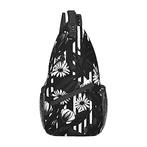 Schultertasche, Schwarz, Grün und Gold, geometrischer Druck, Umhängetasche, Brusttasche, Tagesrucksack für Damen und Herren, Reisen, Wandern, Schwarz und Weiß gestreifte Blumen, Einheitsgröße von PIXOLE