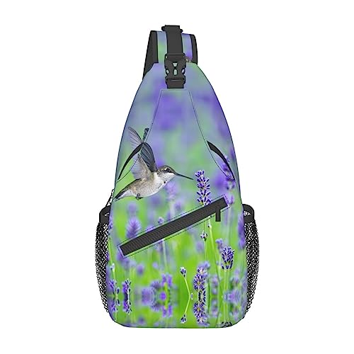 Schultertasche mit Birkenbaum-Muster, Umhängetasche, Schultertasche, Brusttasche, Tagesrucksack für Damen und Herren, Reisen, Wandern, Vögel in lila Lavendel Blumen, Einheitsgröße von PIXOLE