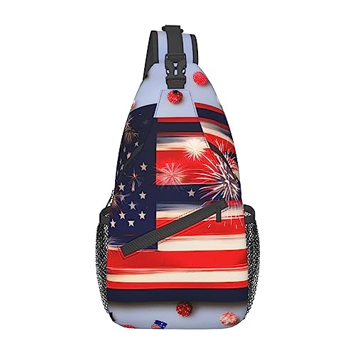 Schultertasche mit Flamingo- und Schwimmbad-Aufdruck, Umhängetasche, Brusttasche, Tagesrucksack für Damen und Herren, Reisen, Wandern, Feuerwerk Amerikanische Flagge 4. Juli, Einheitsgröße von PIXOLE