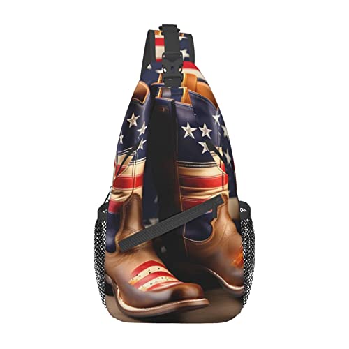 Schultertasche mit amerikanischer Flagge, Umhängetasche, Schultertasche, Brusttasche, Tagesrucksack für Damen und Herren, Reisen, Wandern, Amerikanische Flagge mit Cowboy-Stiefeln, Einheitsgröße von PIXOLE