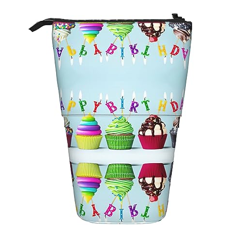 Teleskop Bleistift Tasche Stifthalter Schreibwaren Fall Stand Up Bleistift Fall für Schule Büro Cool Tier Weiß Eisbär, Bunte Cupcakes mit Aufschrift "Happy Birthday", Einheitsgröße von PIXOLE