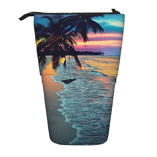 Teleskop Bleistift Tasche Stifthalter Schreibwaren Fall Stand Up Bleistift Fall für Schule Büro Cool Tier Weiß Eisbär, Kokosnuss Beach Sunset Hängematte, Einheitsgröße von PIXOLE