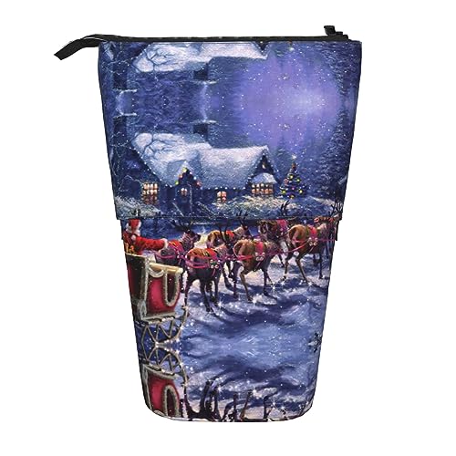 Teleskop Bleistift Tasche Stifthalter Schreibwaren Fall Stand Up Bleistift Fall für Schule Büro Dampfzug Wolken, Snow Night Weihnachtsmann und Reh, Einheitsgröße von PIXOLE