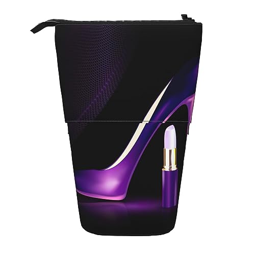 Teleskop Bleistift Tasche Stifthalter Schreibwaren Fall Stand Up Bleistift Fall für Schule Büro Elefant und Sonnenblume, Elegante lila High Heels mit Lippenstift, Einheitsgröße von PIXOLE