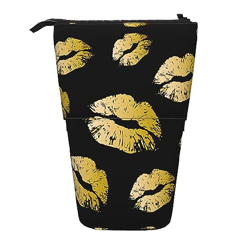 Teleskop Bleistift Tasche Stifthalter Schreibwaren Fall Stand Up Bleistift Fall für Schule Büro Goldener Ananas Hintergrund, Goldlippen, Einheitsgröße von PIXOLE