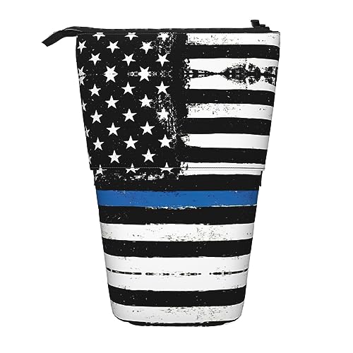 Teleskop Bleistift Tasche Stifthalter Schreibwaren Fall Stand Up Bleistift Fall für Schule Büro-Rock Gitarre in Burning, Retro Blue Thin Line USA-Flagge, Einheitsgröße von PIXOLE