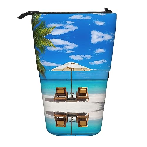 Teleskop Bleistift Tasche Stifthalter Schreibwaren Fall Stand Up Bleistift Fall für Schule Büro-Weiß Marmor Rose Gold, White Beach Tropical Sea, Einheitsgröße von PIXOLE