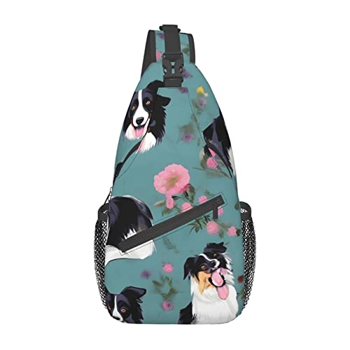 Umhängetasche, Umhängetasche, Schultertasche, Türkis-Aufdruck, Umhängetasche, Brusttasche, Tagesrucksack für Damen und Herren, Reisen, Wandern, Border Collie Florals, Einheitsgröße von PIXOLE