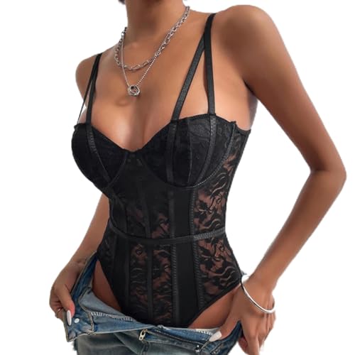 PIYAX Frauen Sexy Unterwäsche Elastizität Korsett Backless Lace Bodysuit Gothic V-Ausschnitt Damen Bustier Atmungsaktive Vollbrustgurte Dessous von PIYAX