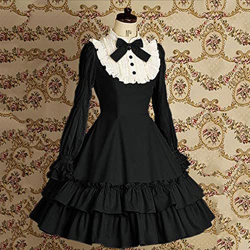 PIYAX Sweet Girls Vintage Slim Cotton Dress Lolita Classic Mary Magdalene Women Bow Tie Rüschen Layer Princess Mini Costume for Ladies von PIYAX