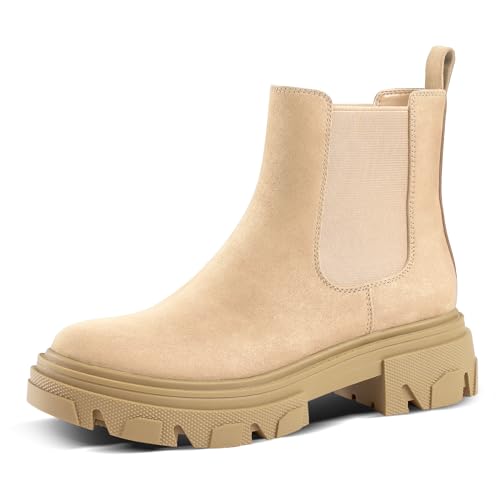 PIZZ ANNU Chelsea Boots Damen Classic Stiefeletten mit Dicker Sohle Elegant Biker Boots Plateau Basic Stiefel EU 42 Beige von PIZZ ANNU