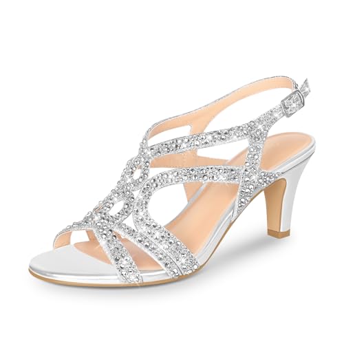 PIZZ ANNU Damen Amelia Heels Sandalen Sparkle Crystal Open Toe Slingback High Heel Sandalen Kleid Pumps Schuhe für Party Hochzeit, silber, 39 EU von PIZZ ANNU
