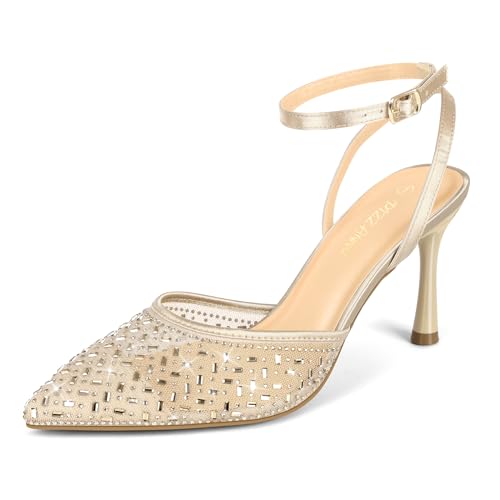 PIZZ ANNU Damen High Heels Strasssteine Knöchelriemen Hohe Schuhe Damen mit Stiletto Absatz Spitze Zehen, perfekt für Party Hochzeit Aprikose EU 39 von PIZZ ANNU
