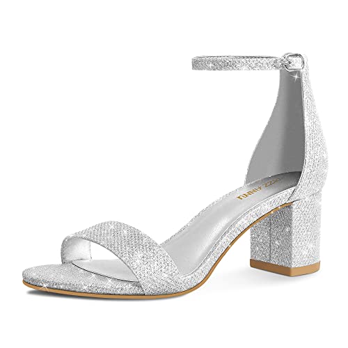 PIZZ ANNU Damen Low Block Chunky Heels Sandalen Bequeme Open Toe Knöchelriemen Party Kleid Pumpschuhe Riemchenschnalle Absatz Sandale mit 5 cm Hoch Dicke Absatz Design, Silber Glitter, 41 EU von PIZZ ANNU