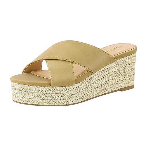 PIZZ ANNU Damen Misty Criss Cross Platform Wedge Sandalen Open Toe Espadrille Heels Sandalen für Casual Sommer Slide Schuhe, CAMEL, 42 EU von PIZZ ANNU