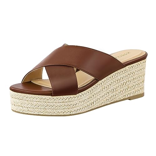 PIZZ ANNU Damen Misty Criss Cross Platform Wedge Sandalen Open Toe Espadrille Heels Sandalen für Casual Sommer Slide Schuhe, Scotch Brown, 36 EU von PIZZ ANNU