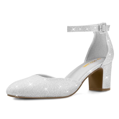 PIZZ ANNU Damen Pumps mit Blockabsatz Glitzer Riemchenpumps Elegant Hochzeitsschuhe Knöchelriemen Spangenpumps Geschlossene Zehenkappe Silber EU 36 von PIZZ ANNU