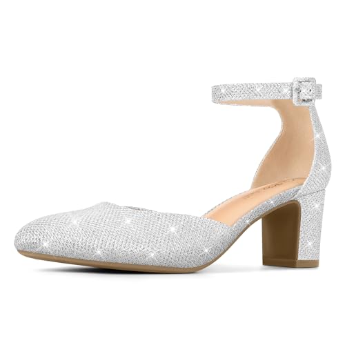 PIZZ ANNU Damen Pumps mit Blockabsatz Glitzer Riemchenpumps Elegant Hochzeitsschuhe Knöchelriemen Spangenpumps Geschlossene Zehenkappe Silber Glitzer EU 37 von PIZZ ANNU