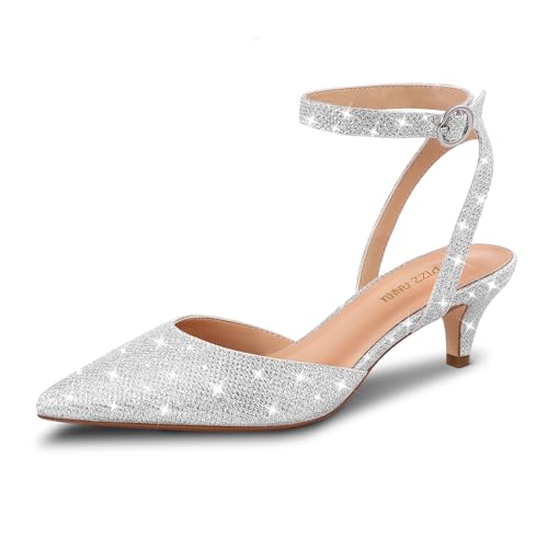 PIZZ ANNU Damen Pumps mit Kitten Abastz Spangenpumps Elegant und Bequem Riemchenpumps mit Geschlossener Spitze Glitzer Schuhe EU 37 Silber von PIZZ ANNU