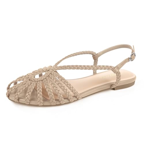 PIZZ ANNU Damen Sophia Geflochtene Flache Sandalen Bequeme Memory Foam Walkingschuhe Sommer Gladiator Slingback Knöchelriemen Riemchensandalen, Beige, 37.5 EU von PIZZ ANNU