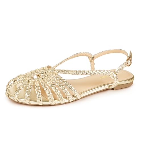 PIZZ ANNU Damen Sophia Geflochtene Flache Sandalen Bequeme Memory Foam Walkingschuhe Sommer Gladiator Slingback Knöchelriemen Riemchensandalen, Gold, 39.5 EU von PIZZ ANNU