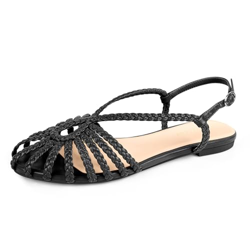 PIZZ ANNU Damen Sophia Geflochtene Flache Sandalen Bequeme Memory Foam Walkingschuhe Sommer Gladiator Slingback Knöchelriemen Riemchensandalen, Schwarz, 38.5 EU von PIZZ ANNU