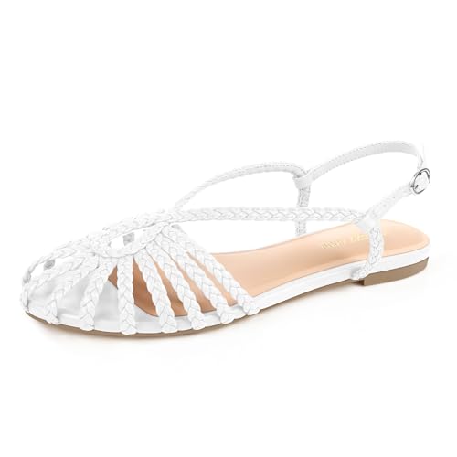 PIZZ ANNU Damen Sophia Geflochtene Flache Sandalen Bequeme Memory Foam Walkingschuhe Sommer Gladiator Slingback Knöchelriemen Riemchensandalen, Weiss/opulenter Garten, 41 EU von PIZZ ANNU