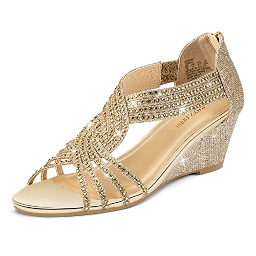 PIZZ ANNU Diana Damen-Sandalen mit niedrigem Keilabsatz, glitzernd, Strass, offene Zehenpartie, modische Schuhe für Damen, Brautschmuck, Tanz, Abend, Gold, 38 EU von PIZZ ANNU