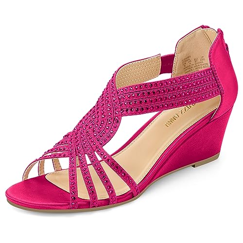 PIZZ ANNU Diana Damen-Sandalen mit niedrigem Keilabsatz, glitzernd, Strass, offene Zehenpartie, modische Schuhe für Damen, Brautschmuck, Tanz, Abend, Knallpink (Hot Pink), 38.5 EU von PIZZ ANNU