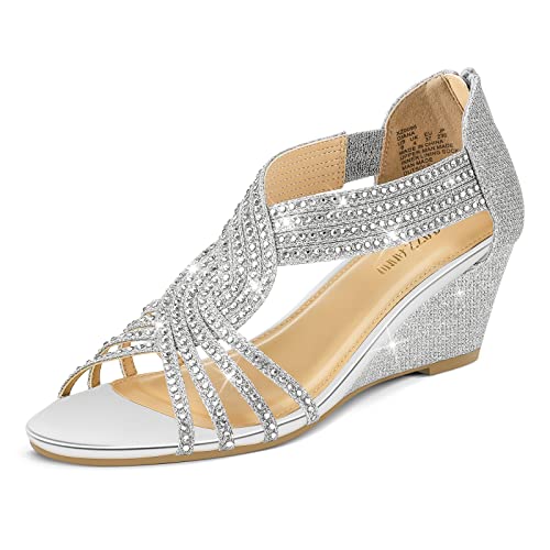 PIZZ ANNU Diana Damen-Sandalen mit niedrigem Keilabsatz, glitzernd, Strass, offene Zehenpartie, modische Schuhe für Damen, Brautschmuck, Tanz, Abend, silber, 40.5 EU von PIZZ ANNU