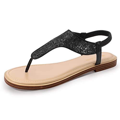 PIZZ ANNU Flache Sandalen Damen Flip Flops Flach Schuhe Sandaletten Sommer Freizeit Zehentrenner mit Glitzer Dekoration Schwarz 37 EU Schmal von PIZZ ANNU