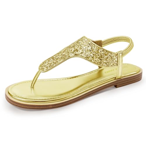 PIZZ ANNU Flache Sandalen Damen Flip Flops Flach Schuhe Sandaletten Sommer Freizeit Zehentrenner mit Glitzer Dekoration Gold 38 EU Schmal von PIZZ ANNU