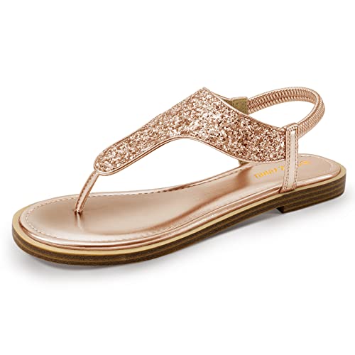 PIZZ ANNU Flache Sandalen Damen Flip Flops Flach Schuhe Sandaletten Sommer Freizeit Zehentrenner mit Glitzer Dekoration Roségold 38 EU Schmal von PIZZ ANNU