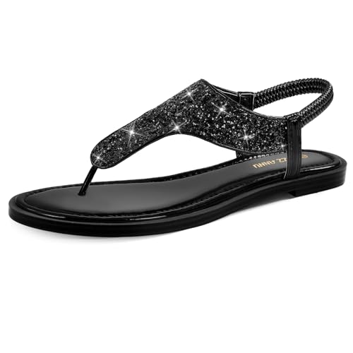 PIZZ ANNU Flache Sandalen Damen Flip Flops Flach Schuhe Sandaletten Sommer Freizeit Zehentrenner mit Glitzer Dekoration Schwarz PU EU 36 von PIZZ ANNU