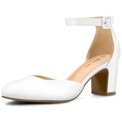 PIZZ ANNU Gilaa Damen-Pumps mit geschlossenem Zehenbereich, niedriger Absatz, Knöchelriemen, Hochzeit, Business, runder Zehenbereich, Block, Kleid, Weiss/opulenter Garten, 38 EU von PIZZ ANNU