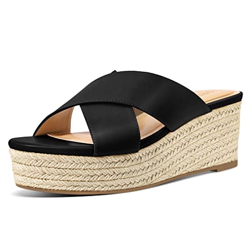 PIZZ ANNU Sandalen Damen Espadrilles Plateau Keilabsatz Frauen Keilsandalen Sandaletten Hausschuhe Pantoletten Elegant Sommer Schuhe Schwarz EU 37 von PIZZ ANNU